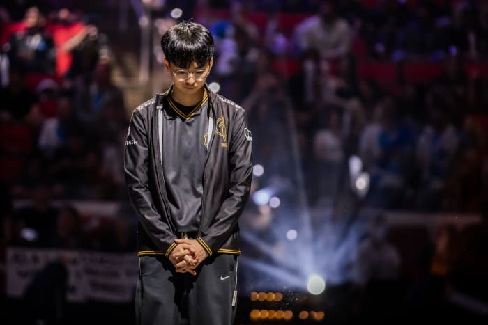Kim "River" Dong-woo of Golden Guardians is seen onstage during the opening ceremony of the 2023 LCS Spring Finals at the PNC Arena on April 9, 2023. (Photo by Reece Martinez/Riot Games)
